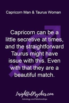 the caption for capricon man and taurus woman is shown in purple