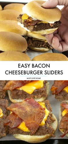 bacon cheeseburger sliders on buns are ready to be eaten and served