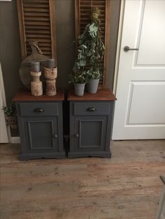 two side tables with plants on them in front of a door