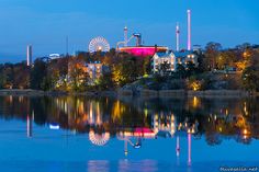 the ferris wheel is lit up at night by the water's edge with reflections