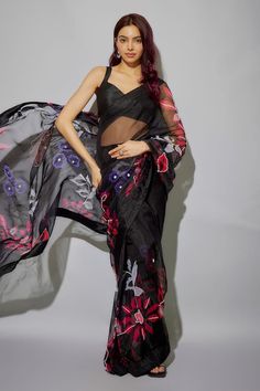 Black pre-draped saree with floral print and glass bead embroidery. Paired with raw silk blouse. - Aza Fashions Floral Print Pre-draped Saree For Navratri Party, Fusion Style Pre-draped Saree For Festivals With Unstitched Blouse, Fusion Pre-draped Saree With Unstitched Blouse For Diwali, Fusion Style Silk Pre-draped Saree For Festivals, Bollywood Style Pre-draped Saree With Sheer Dupatta For Summer, Party Blouse With Floral Print And Traditional Drape, Floral Print Art Silk Pre-draped Saree In Traditional Drape, Fitted Organza Saree With Floral Print, Fitted Organza Pre-draped Saree