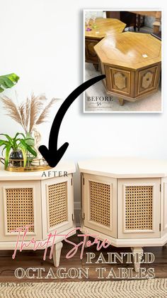 an old dresser turned into a sideboard with rattan doors and drawers, before and after