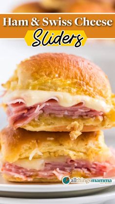 A close-up of a stack of ham and Swiss cheese sliders made with sweet Hawaiian rolls, showcasing the melted cheese and golden brown tops. Ham And Swiss Cheese Sliders, Sweet Hawaiian Rolls, Ham And Swiss Sliders, Ham And Swiss, Cheese Sliders, Mini Sandwiches, Easy Party Food, Sliced Ham, Hawaiian Rolls