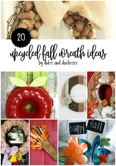 wreaths and fall decorations are featured in this collage