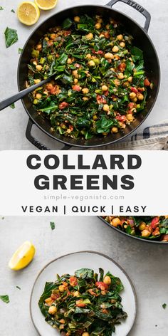 collard greens with chickpeas and spinach in a skillet