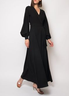 Long sleeve black silk maxi dress Black Long Wedding Guest Dress, Wrap Maxi Dress Long Sleeve, Musician Clothes, Full Length Black Dress, Ursula Dress, Witchy Outfits, Conservative Dresses, Black Tie Attire, The Lantern