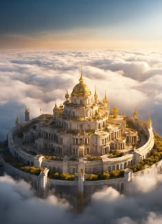 an aerial view of a castle in the clouds