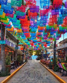 many colorful umbrellas hanging from the ceiling above a street lined with benches and palm trees