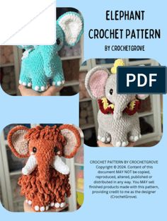 the elephant crochet pattern is shown in three different styles and sizes, including one for