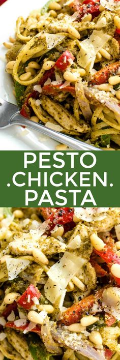 pesto chicken pasta with tomatoes, artichokes and parmesan cheese