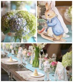 the table is set with flowers, plates and napkins for an easter bunny themed party