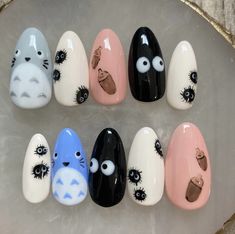 Soot Sprite Nail Designs, Cutesy Nails Acrylic, Gibli Studio Nail Art, Charizard Nails, Gremlin Nails, Hollow Knight Nail Art, Totoro Nails Studio Ghibli, Wes Anderson Nails, Anime Press On Nails