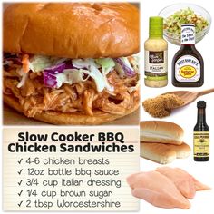 the ingredients for slow cooker bbq chicken sandwiches are shown in this advert