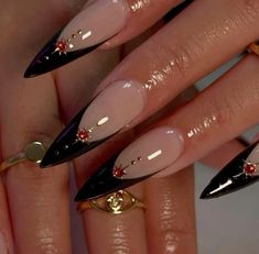 Goth Nail Inspiration, Nails For Hairstylist, Fall Pointy Nails, Dark Feminine Aesthetic Nails, Stiletto Aura Nails, Red Gold And Black Nails, Halloween Nail Designs Almond, Black Nail Designs Trending Now, Pretty Almond Nails Classy