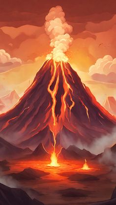 a painting of a volcano spewing lava into the air