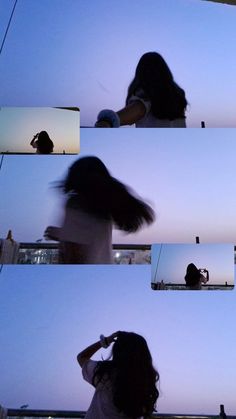 multiple shots of a woman's hair blowing in the wind at sunset or dawn