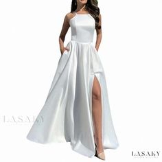 Lasaky - Stunning Long Sleeveless Evening Gown Spring Sleeveless Satin Gown, Sleeveless Satin Gown, White Sleeveless Maxi Dress For Banquet, White Satin Full Length Dress, White Sleeveless Evening Gown, White Halter Neck Maxi Dress For Prom, White Full-length Prom Dress, White Satin Maxi Dress For Banquet, White Satin Sleeveless Dress For Evening