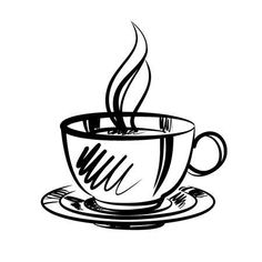 a cup of coffee on a saucer with steam rising from the top, black and white drawing