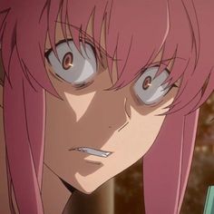 an anime character with pink hair looking at the camera