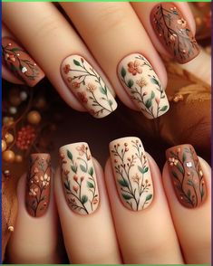 Vintage Flower Nails, Outdoor Nail Designs, Rustic Wedding Nails, Acotar Dresses, Boho Summer Nails, Vine Nail Art, Woodland Nails, Wild Flower Nails, Forest Nail Art