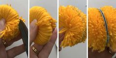 three pictures show how to make a pom - pom ball with yarn and scissors