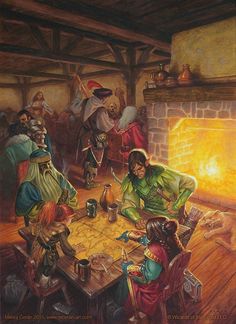 an image of a group of people sitting around a table in front of a fire place