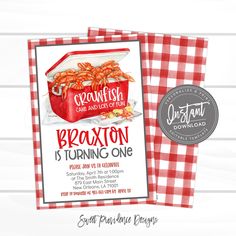 a red and white gingham table cloth with the words braxton is turning one on it