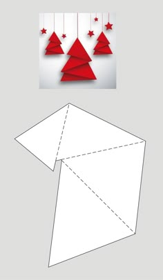 an origami christmas tree with red stars hanging from it's top and bottom