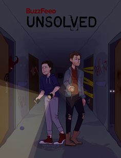 two men standing in an elevator with the words unsolved written on their walls