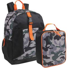 two backpacks with orange straps and camouflage print, one is grey and the other is black