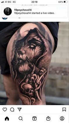 a man's thigh with tattoos on it and an image of a woman in the background