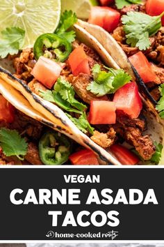 vegan carne asada tacos on a plate with limes and cilantro