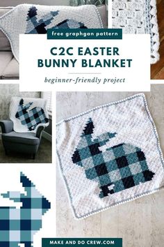 the crocheted bunny blanket is on display in front of a couch and chair