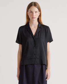 A luxe update to your regular blouse rotation, our Washable Stretch Silk Short Sleeve Notch Collar Blouse takes everything you love about our iconic Washable Stretch Silk Notch Collar Blouse and gives it a short-sleeved refresh. It's the same lustrous sheen, beautiful drape, and supreme softness you love, and, as always, it's washable.  | Quince | Women's Washable Stretch Silk Short Sleeve Notch Collar Blouse in Black, Size Small, Mulberry Silk Silk Cami, Hot Fudge, Silk Shorts, Notch Collar, Linen Blazer, Collar Blouse, Notched Collar, Silk Shirt, Blouse Dress