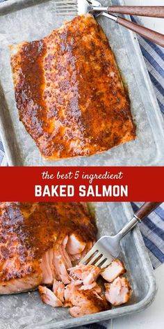 the best 5 ingredient baked salmon on a pan with a fork and knife next to it