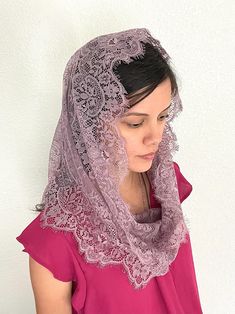 This soft floral eyelash lace veil is cut in an infinity shape. This veil may be ordered in a variety of colors. The girls' veil measures approximately 36" around and 18-19" front to back.  A sewn-in 1.2" clear plastic barrette may be requested. WARNING: CHOKING HAZARD -- Small parts. Clips not intended for children under 3 years old. Each veil is sold separately and is handmade to order. Please review the Shipping policy for processing times.  Veils are CPSIA compliant and certified. Accessorie Eyelash Lace Veil, Chapel Veil Catholic, Cap Veil, Chapel Veil, Lace Veils, Soft Floral, Head Covering, Girl Gifts, Veil