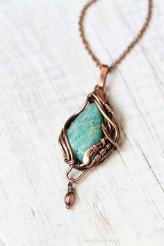 Amazonite pendant Wire wrap pendant Wire by LenaSinelnikArt Bohemian Wire Wrapped Copper Wire Necklaces, Bohemian Wire Wrapped Copper Wire Necklace, Bohemian Copper Wire Wrapped Necklaces, Handmade Turquoise Copper Wire Necklace, Handmade Turquoise Necklace With Copper Wire, Turquoise Necklace With Copper Wire, Nature-inspired Necklace With Natural Stones And Copper Wire, Nature-inspired Copper Wire Necklace With Natural Stones, Nature-inspired Wire Wrapped Copper Necklace