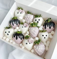 a box filled with chocolate covered strawberries and topped with white frosting spider webs