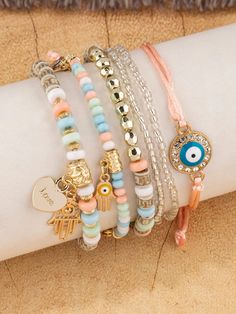 6pcs Evil Eye & Heart Charm Beaded Bracelet Multicolor    ABS,Glass,Polyester     Women Fashion Jewelry, size features are:Bust: ,Length: ,Sleeve Length: Bohemian Heart Bracelet With Colorful Beads, Charm Beaded Bracelet, Latest Bracelets, Bracelet Sets, Bracelets Handmade Diy, Diy Bracelets Patterns, Watches Women Fashion, Bracelets Handmade Beaded, Bead Charm Bracelet