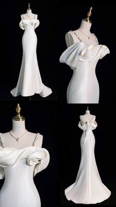 four different views of a white dress on display