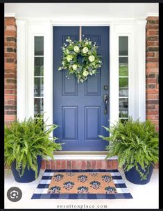 a blue front door with potted plants and a welcome mat