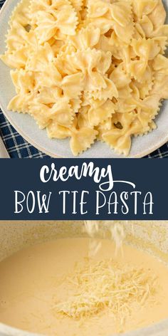 creamy bow tie pasta in a white bowl