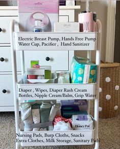 a white shelf filled with lots of baby products and personal care items on top of it