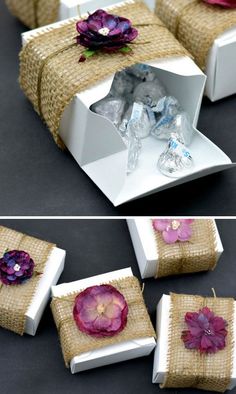 two pictures showing different ways to wrap gifts with flowers on them, and the same way they are wrapped in burlap