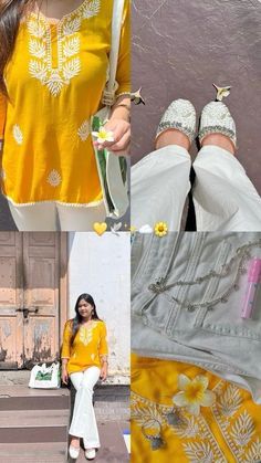 Yellow Kurti Outfit Ideas, Yellow Kurti With White Plazo, Pictures In Traditional Wear, Kurti Look Casual, Yellow Kurti Aesthetic, Desi Kurti Designs, Kurti Aesthetic Pics, Aesthetic Photo In Kurti, Kurti Layout Ideas