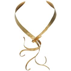 Gold-plated and hand-hammered necklace/sculpture "FLORA" by Jacques Jarrige. Jacques Jarrige's jewelry is more companion than ornament, heightening one's physical awareness and bestowing the pleasure of inhabiting a well-built structure, a structure so light that it doesn't weigh on the body while delivering the theatricality of Jarrige's fluid gestures, translated into common yet gorgeously crafted metals. Their intentional lack of preciousness allows for a sense of spontaneous playfulness. Sculptural Jewelry With Polished Finish For Formal Occasions, Modern Adjustable Hand Forged Necklace, Artisan Gold Lariat Jewelry, Elegant Hand Forged Choker Necklaces, Elegant Adjustable Bronze Necklace, Elegant Hand Cast Brass Necklaces, Hammered Metal Jewelry For Formal Occasions, Elegant Hammered Choker Jewelry, Elegant Sculptural Jewelry With Polished Finish