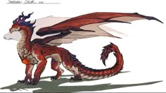 a drawing of a red dragon with horns and wings on it's back legs