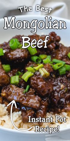 the beef and rice dish is served in a white bowl with green onions on top