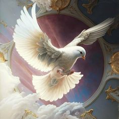 a painting of a white dove flying in the sky