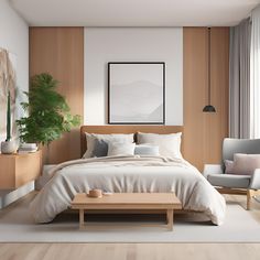 a bed sitting in a bedroom next to a wooden table and two chairs on top of a hard wood floor